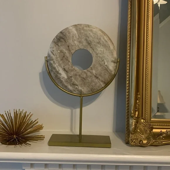 Marble Disc Decorative Object - gold metal base shelf decoration MCM elegant - Picture 3 of 11